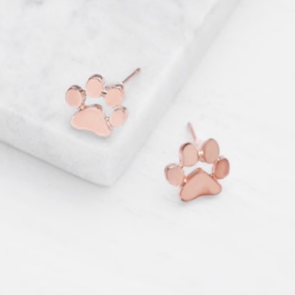 Rose Gold Paw Print Stud Earrings - Picture 3 of 3
